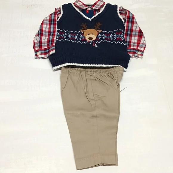 NWT IZOD Baby Christmas matching sets 3pc plaid sweater vest/shirt/pants Sz 3-6m - Picture 6 of 10